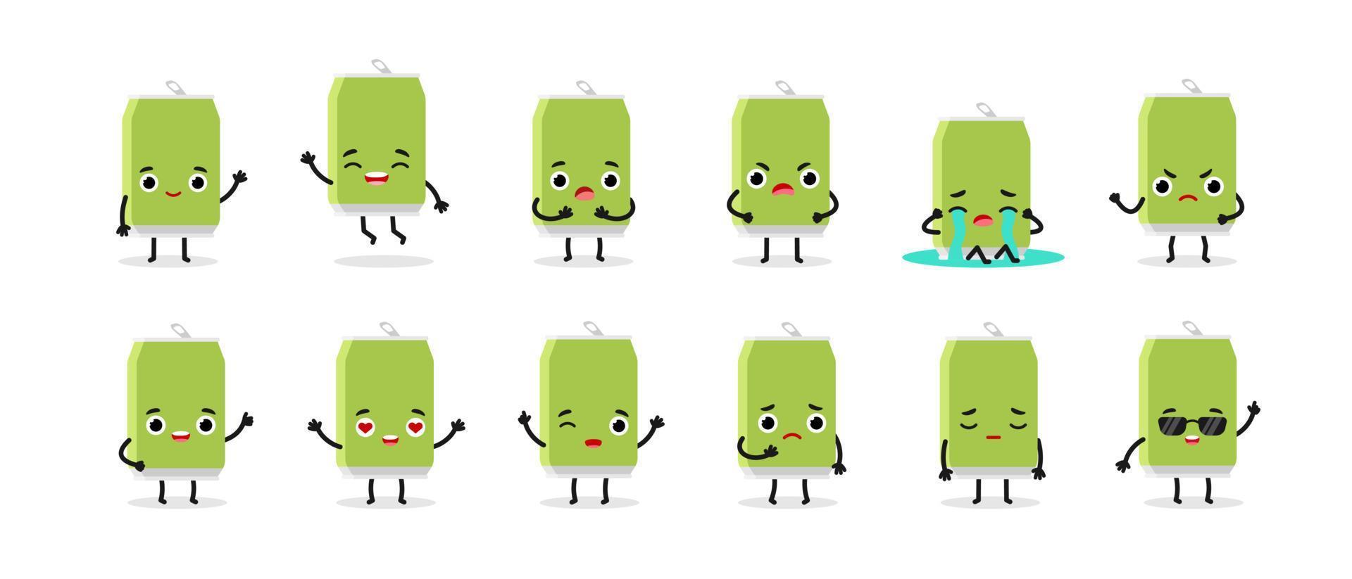 Funny cute happy green can of soda characters set. Mascot collection emoji for kids print, icon, logo, label, patch, sticker. vector