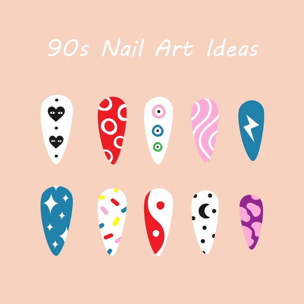 90s nail art ideas manicure. Bright colorful manicure set vector