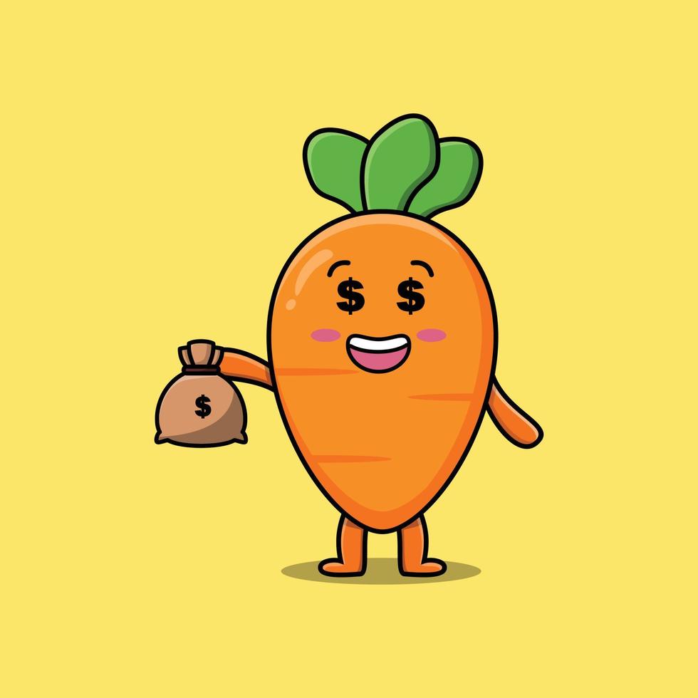 Cute cartoon Crazy rich carrot with money bag vector
