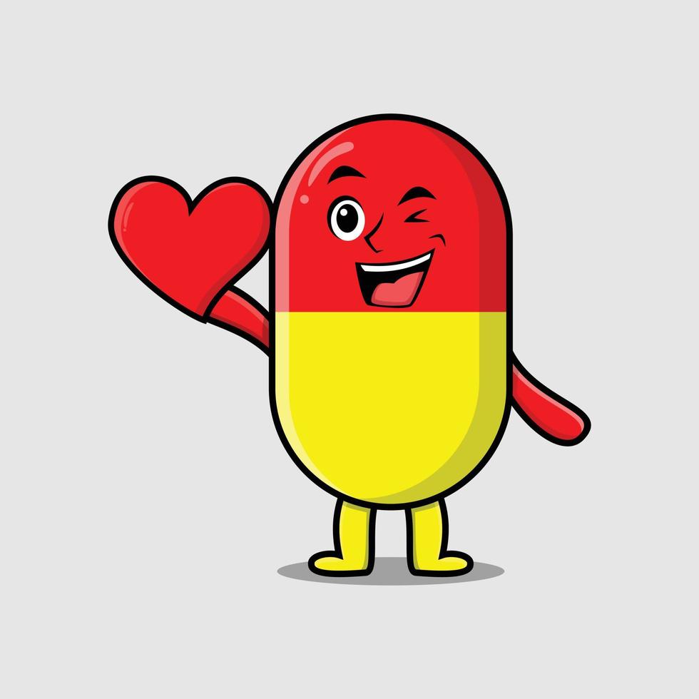 Cute cartoon capsule medicine hold big red heart vector