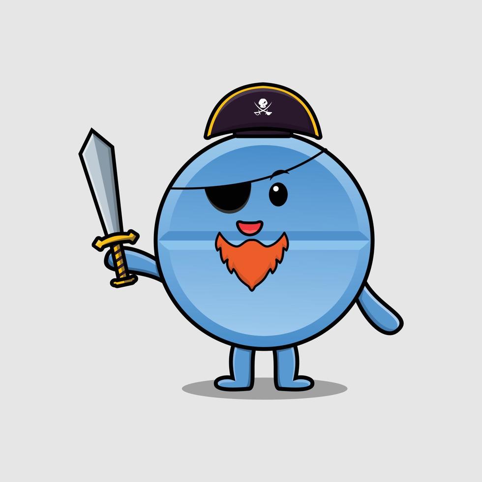 Cute cartoon pill medicine pirate holding sword vector