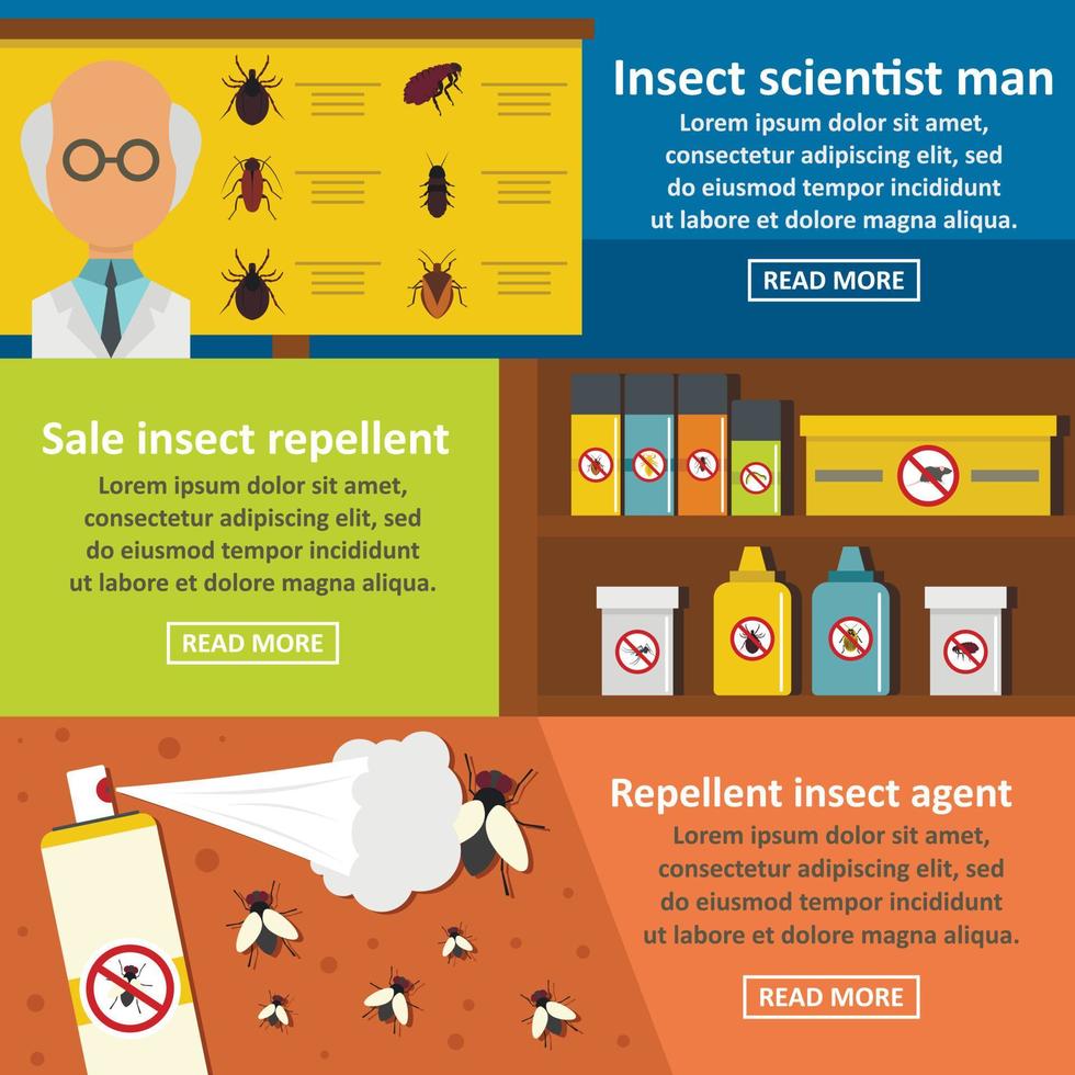 conjunto horizontal de banner de ciencia de insectos, estilo plano vector