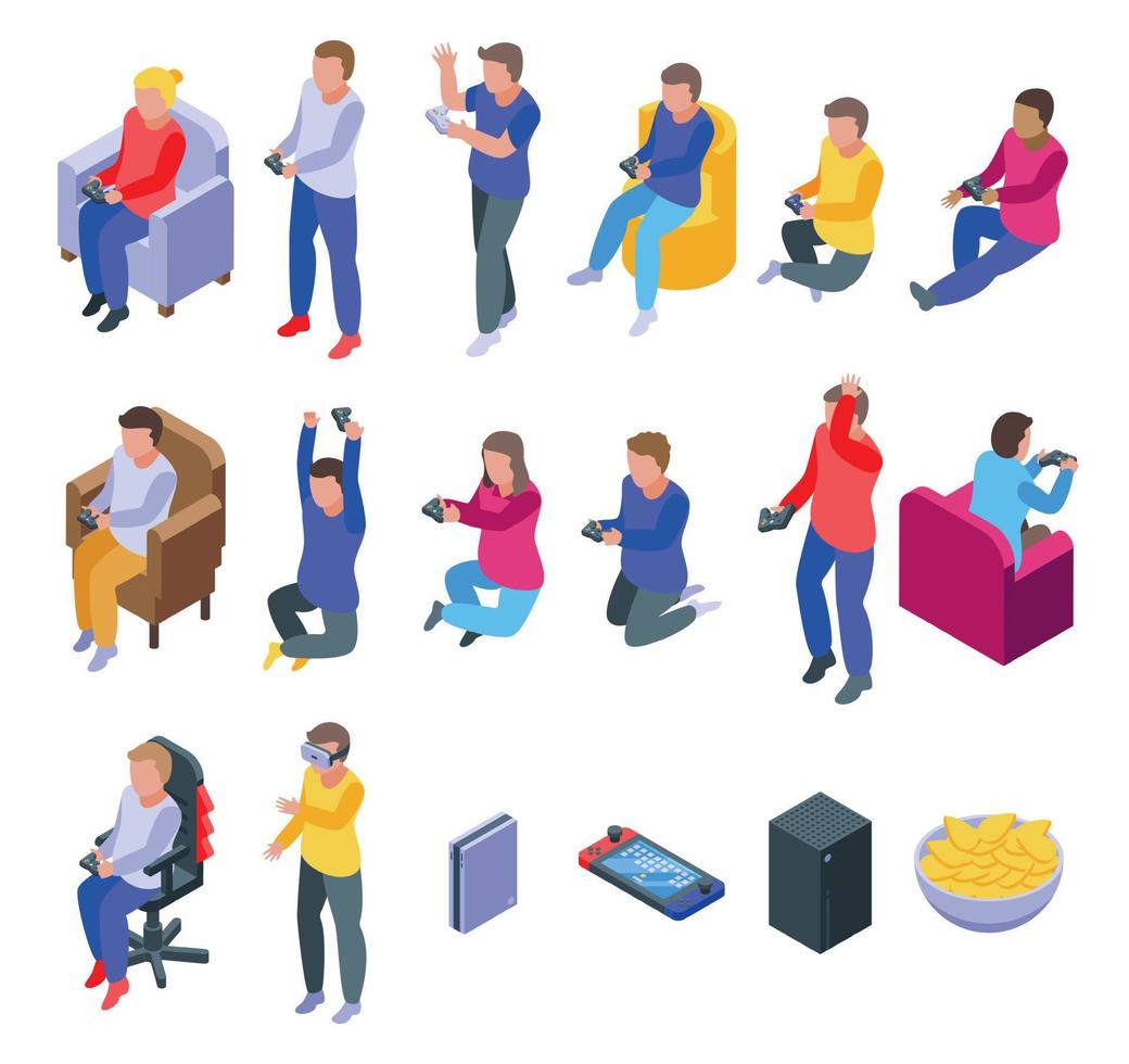 Kids playing video games icons set, isometric style vector