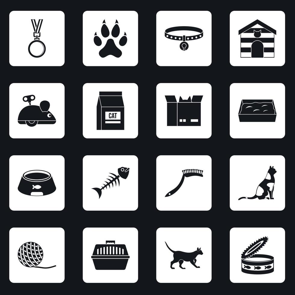 Cat care tools icons set squares vector
