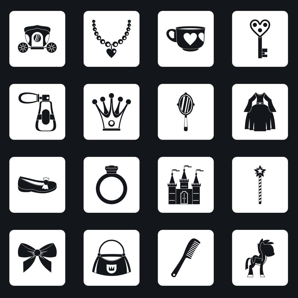 Doll princess items icons set squares vector