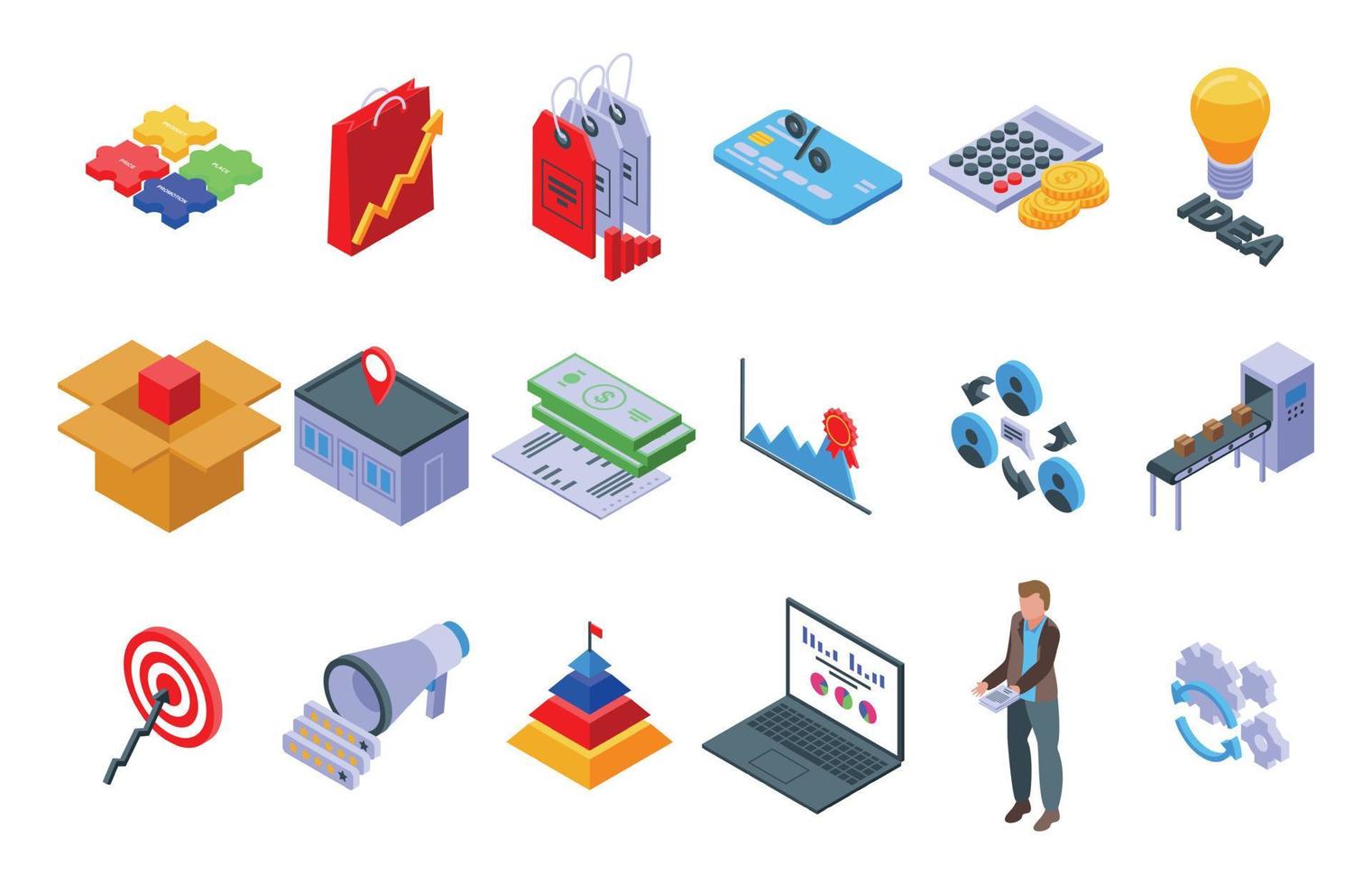 Marketing mix icons set, isometric style vector