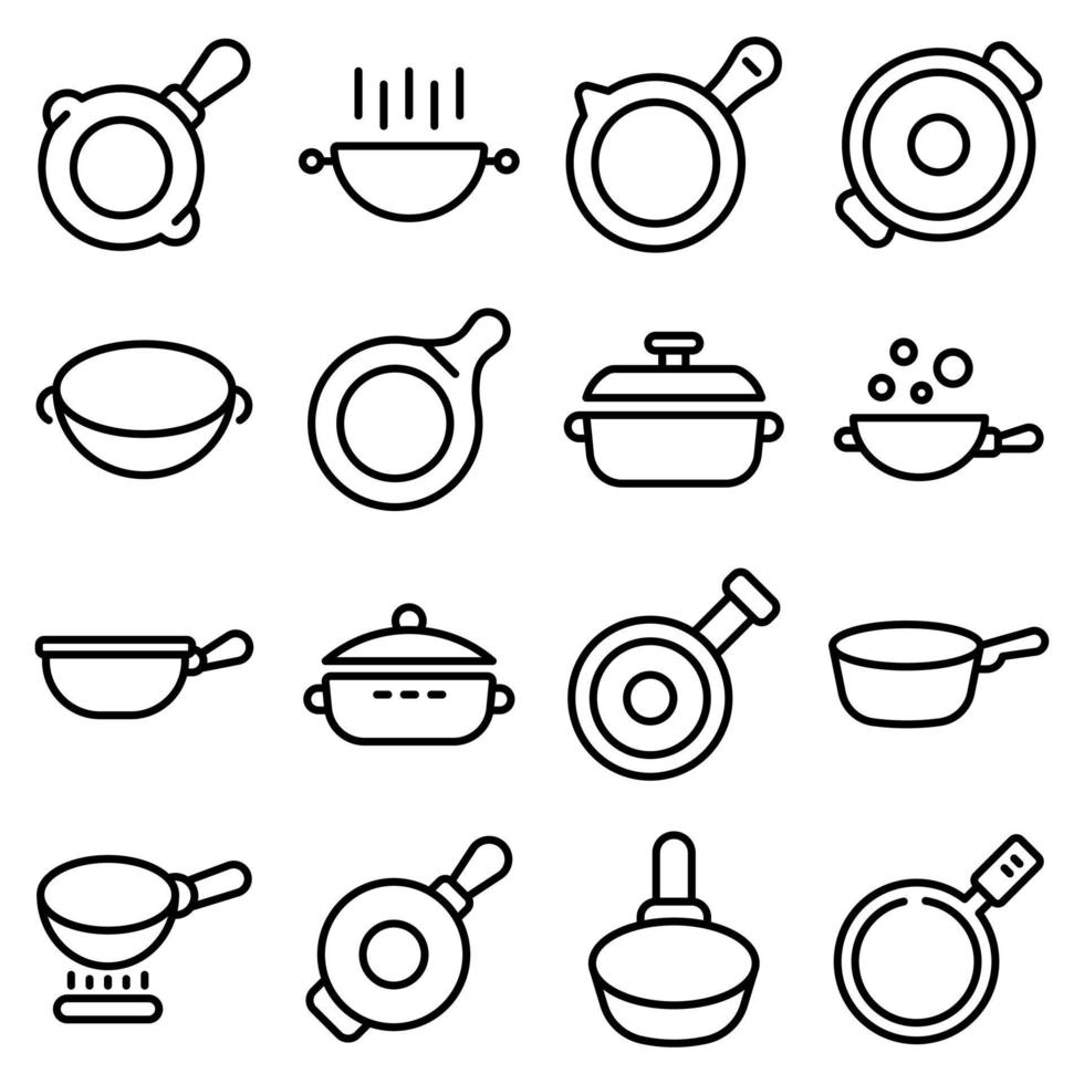 conjunto de iconos de sartén wok, estilo de contorno vector