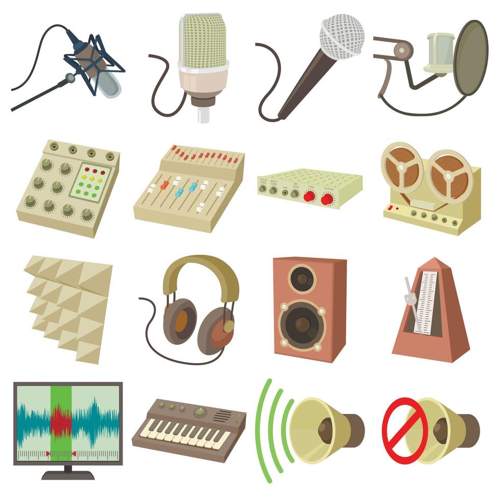 Recording studio symbols icons set, cartoon style vector