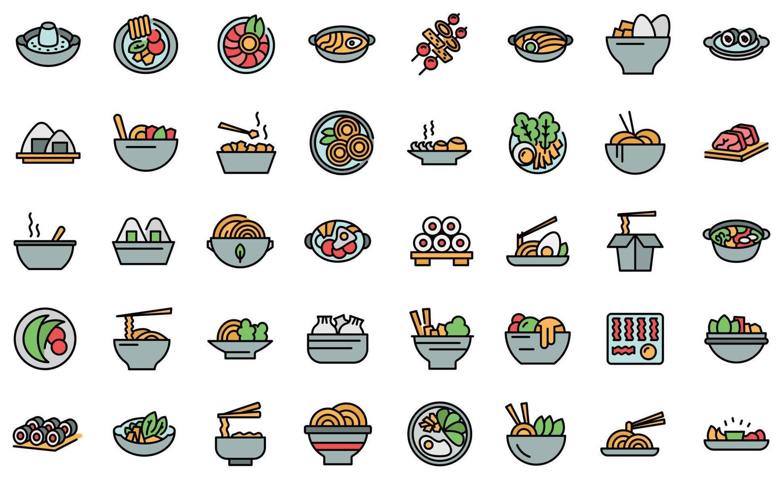 Korean cuisine icons set line color vector