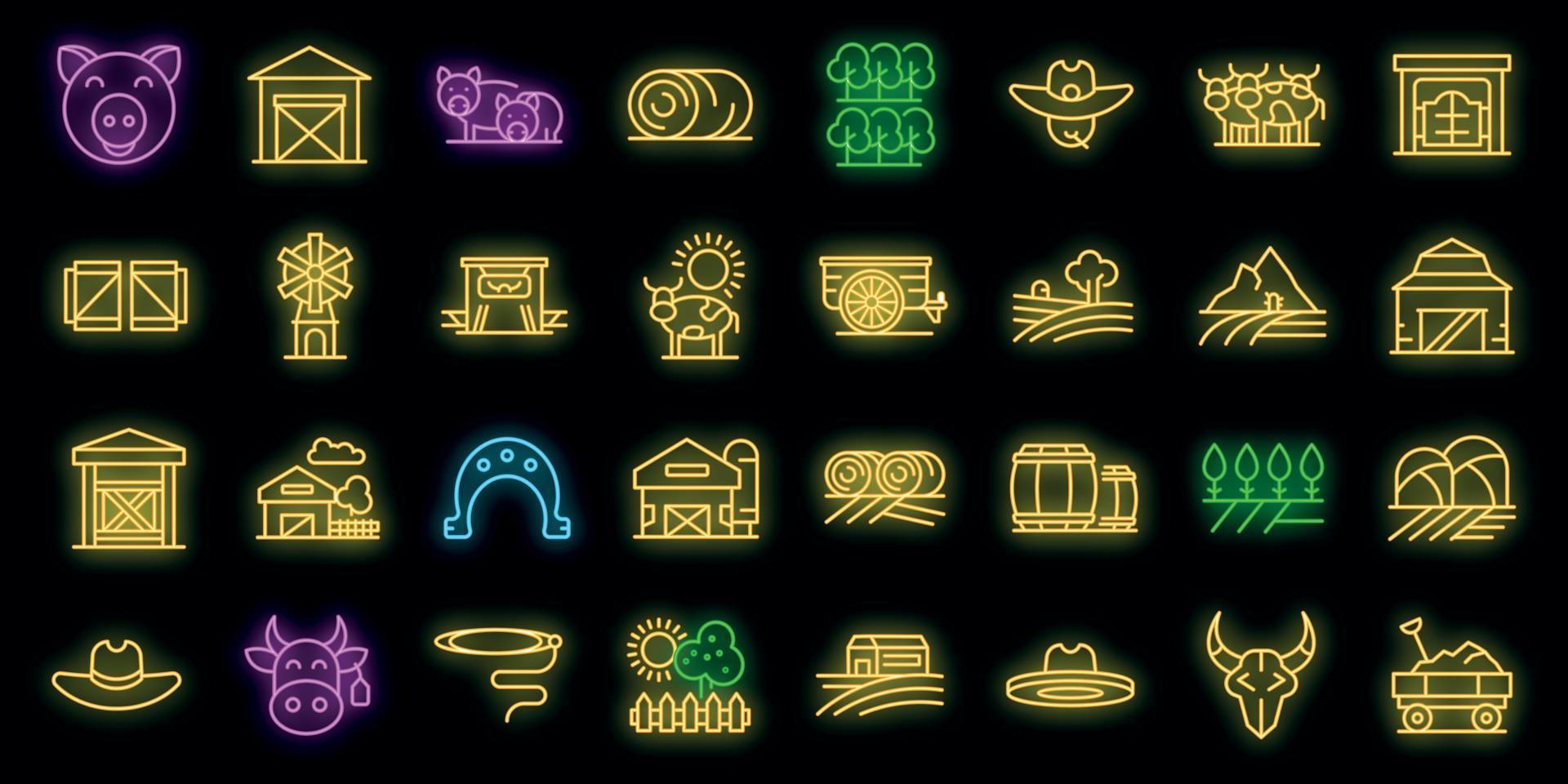 rancho, iconos, conjunto, vector, neón vector