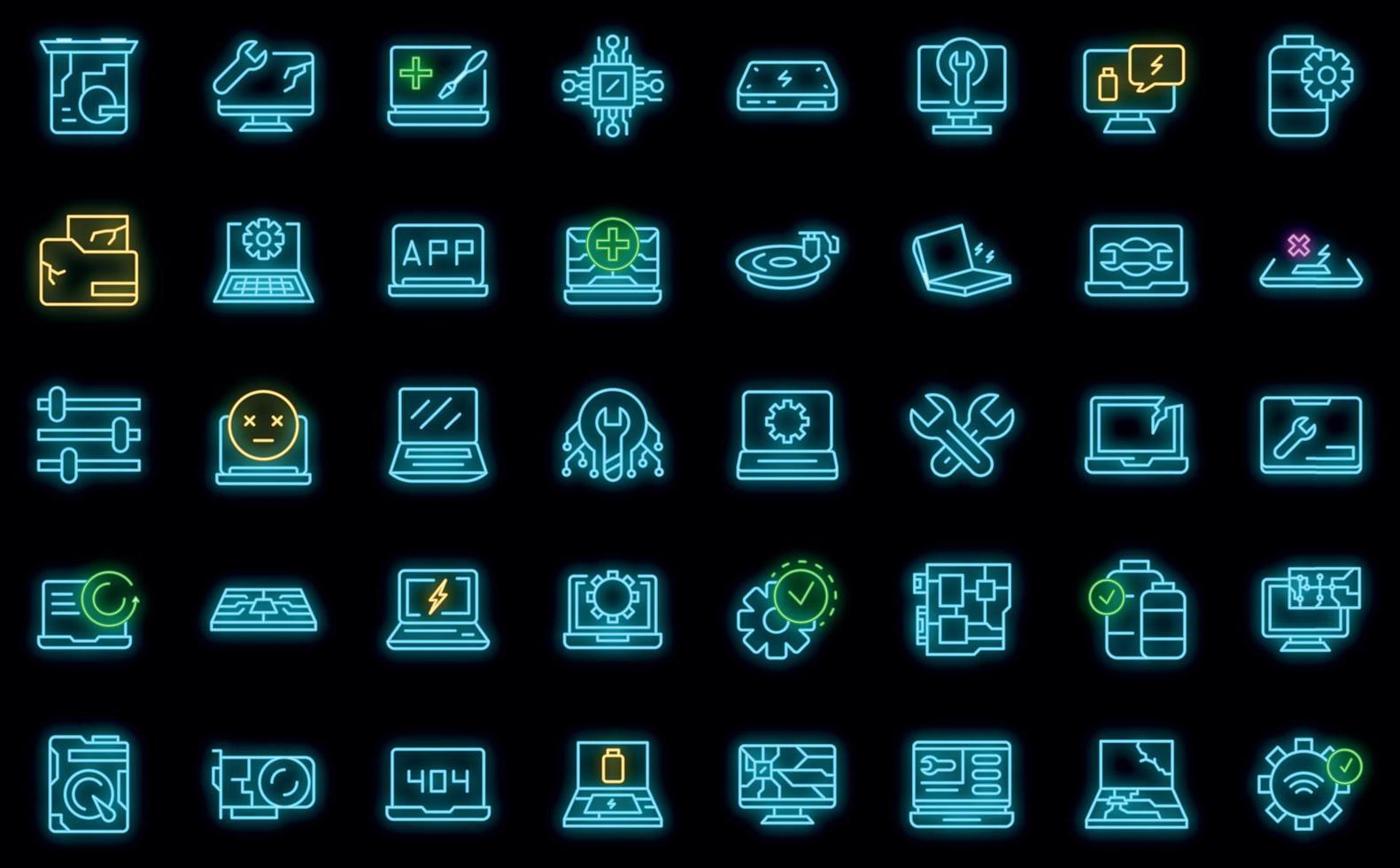 Laptop repair icons set vector neon