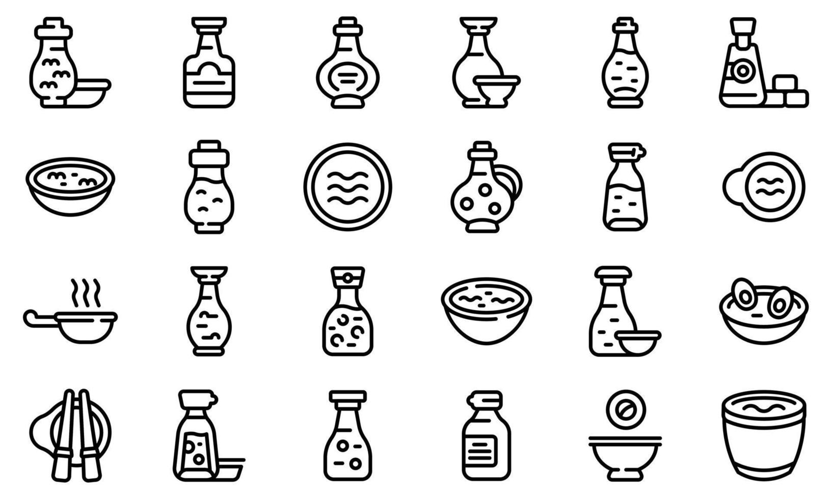 Soy sauce icons set, outline style vector