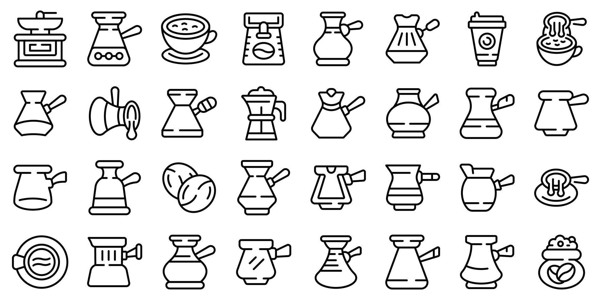 Turkish coffee pot icons set outline vector. Arabic coffee vector