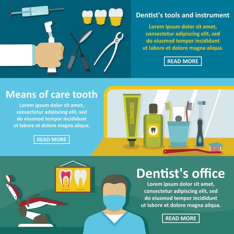 Dentist tool banner horizontal set, flat style vector