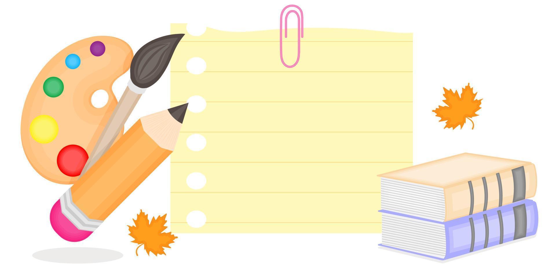 Poster Back to school, school supplies on the background of a notebook blank space for text, vector illustration