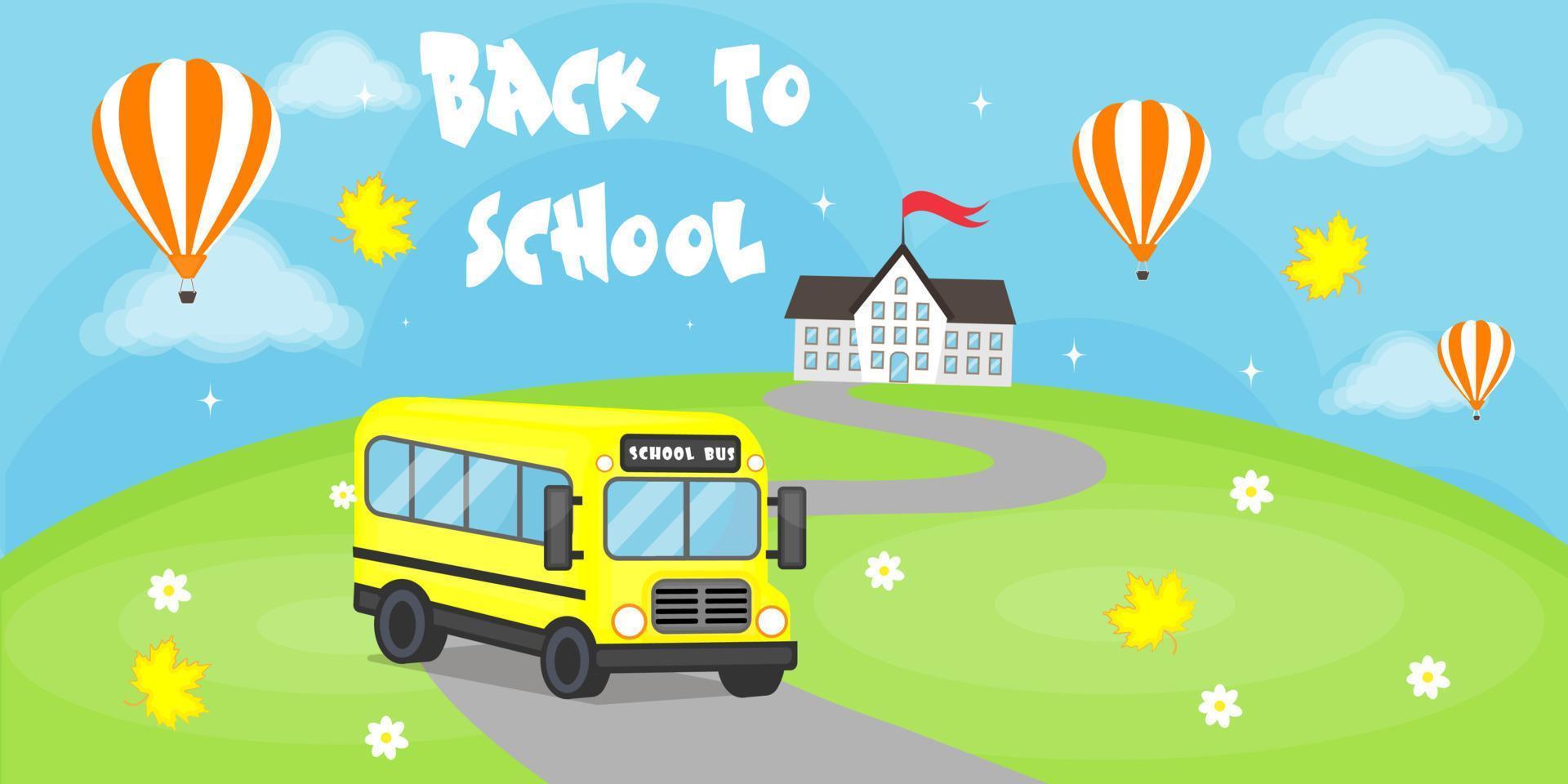 Back to School Poster, School Bus Goes to School, Vector Illustration
