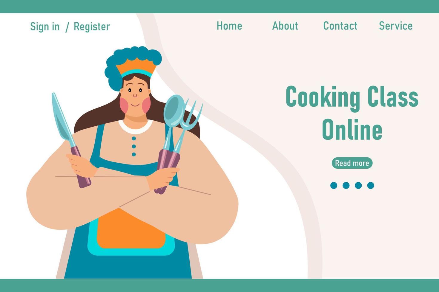 Pretty fat woman cooking with knife, spoon and fork and writing Cooking Lesson online. Banner, website, illustration, vector
