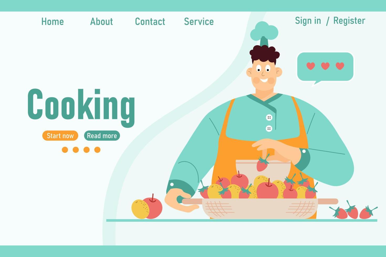 lindo cocinero masculino con un plato de diferentes frutas y el texto cocinando. banner, concepto de sitio web, ilustración, vector
