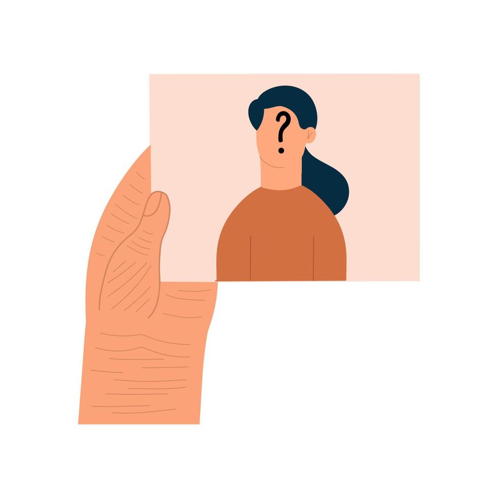 concepto de demencia. la mano de una persona mayor sostiene una fotografía con el rostro no identificado de un familiar. ilustración vectorial en estilo plano vector