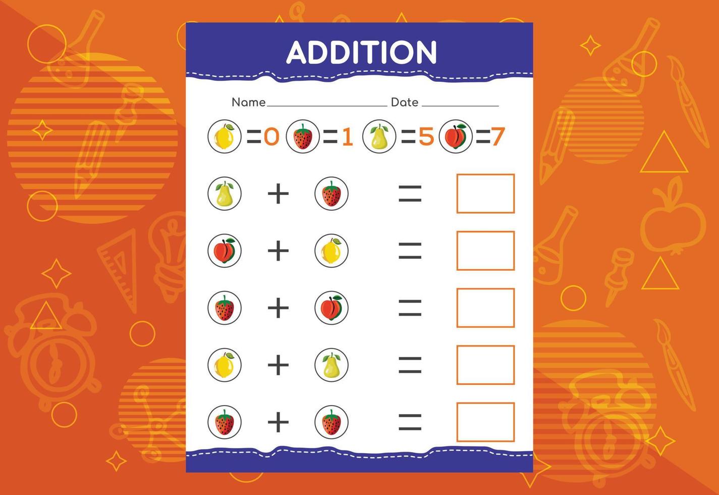 Addition with different fruits for kids. An educational worksheet for kids. Vector design