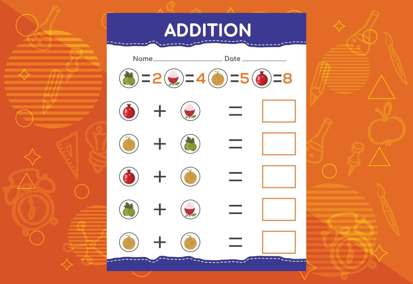 Addition with different fruits for kids. An educational worksheet for kids. Vector design