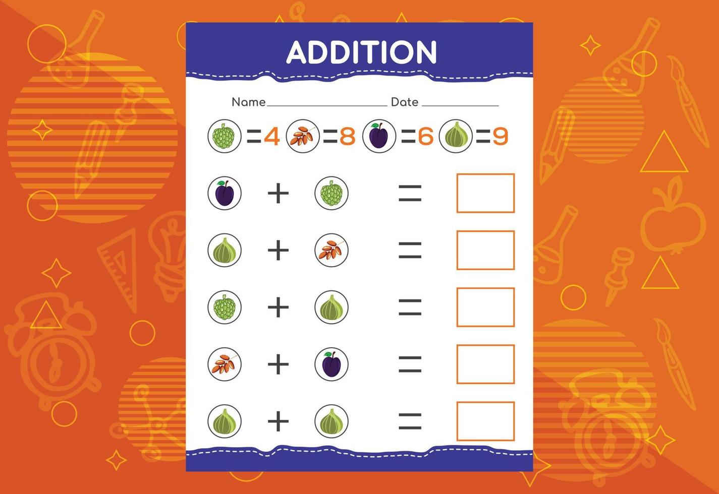 Addition with different fruits for kids. An educational worksheet for kids. Vector design