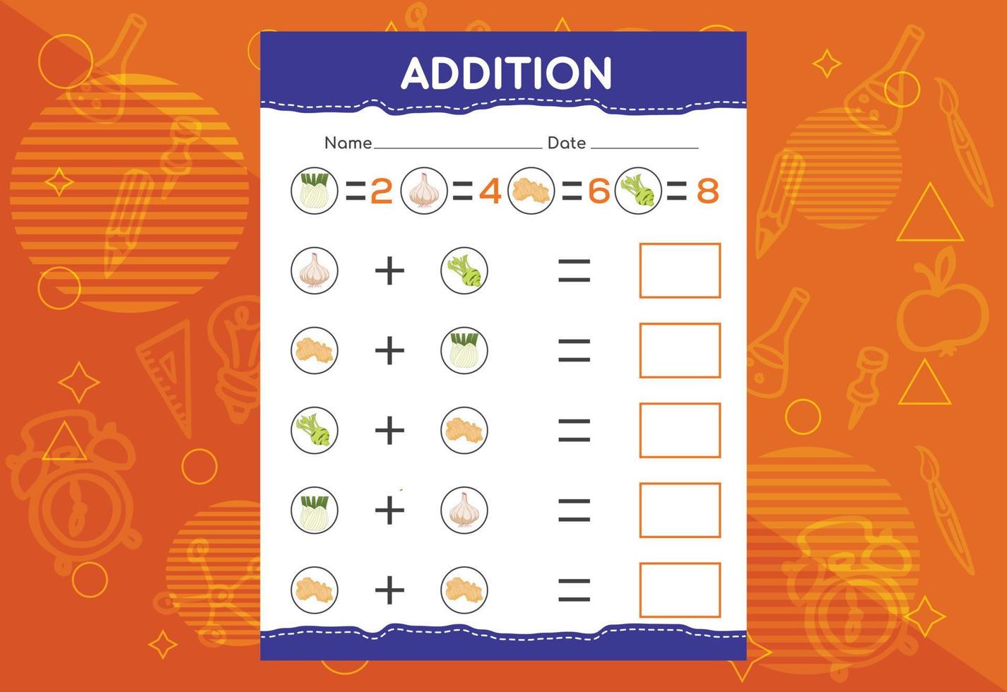 Addition with different vegetables for kids. An educational worksheet for kids. Vector design