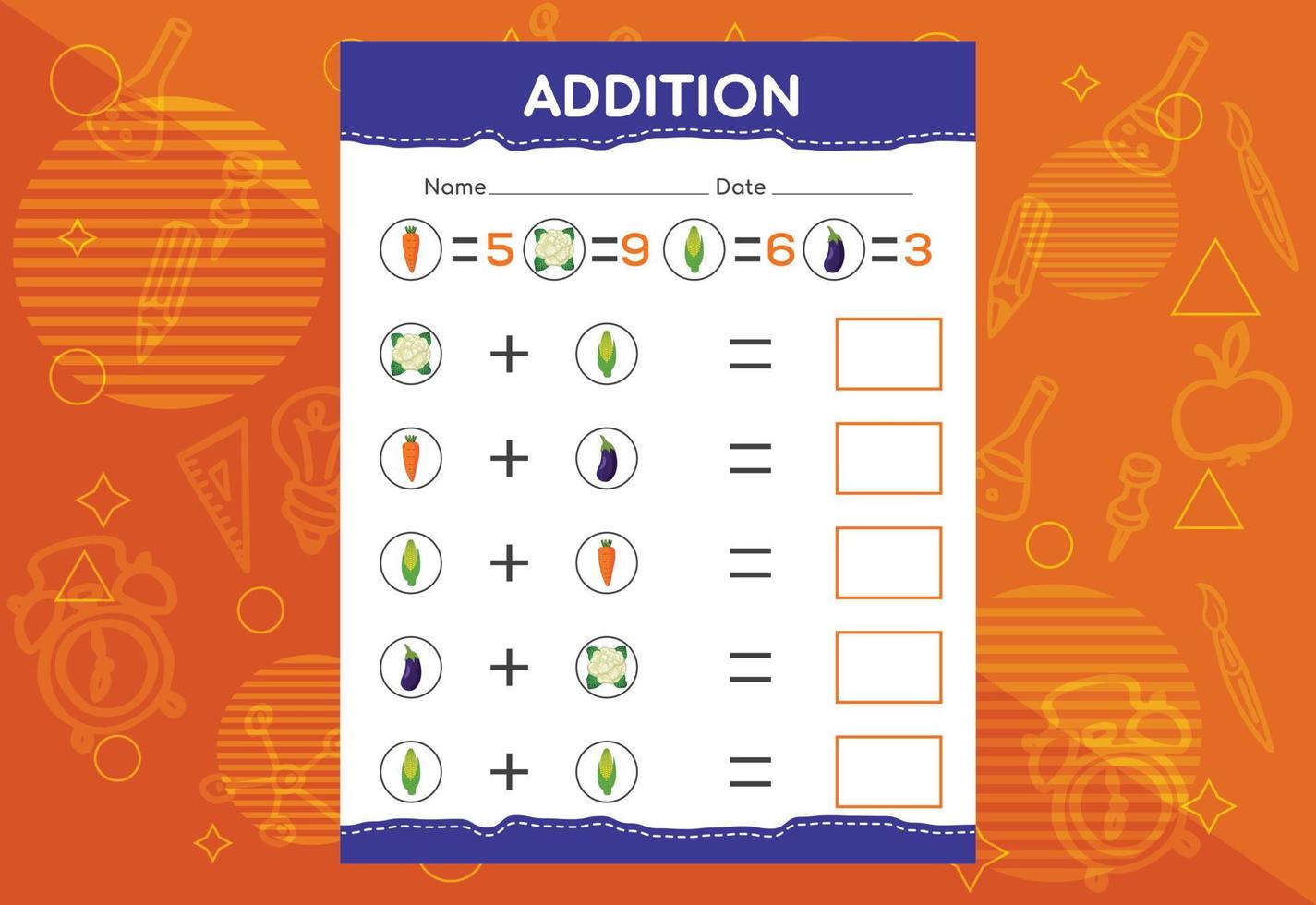 Addition with different vegetables for kids. An educational worksheet for kids. Vector design