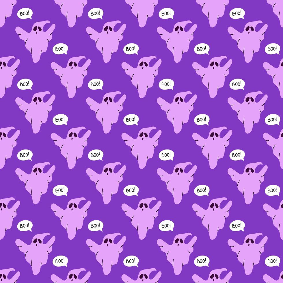 Ghost, vector seamless pattern for Halloween in hand drawn style on purple background