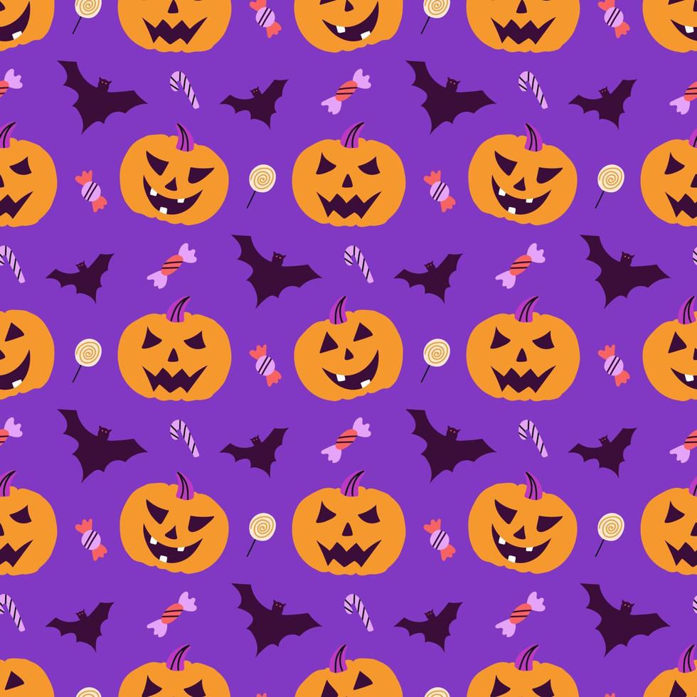 Angry pumpkins with candy and bats, vector seamless pattern for Halloween in hand drawn style on purple background