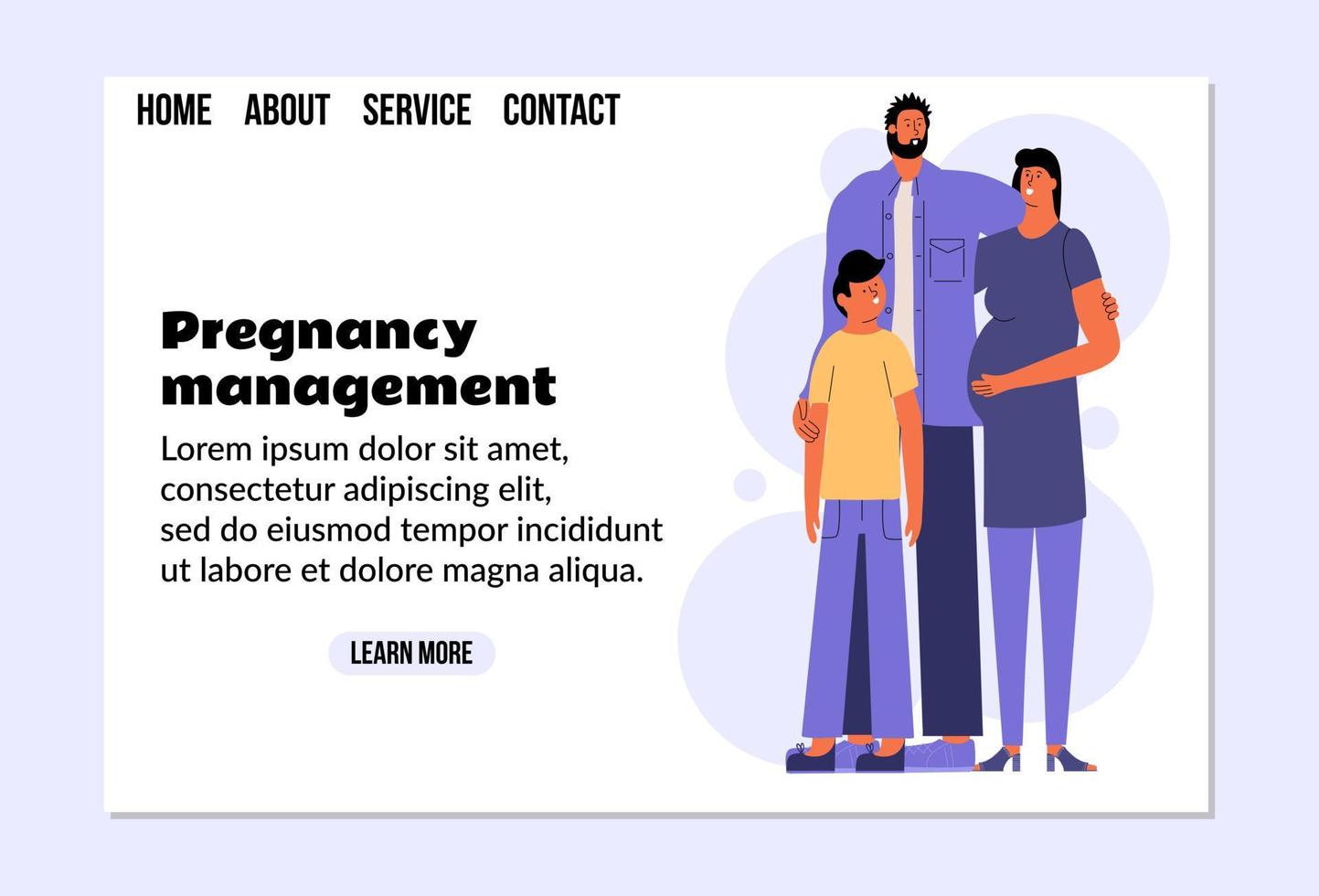 Future parents and their son are expecting another child. Landing page, design template. Vector illustration in flat style