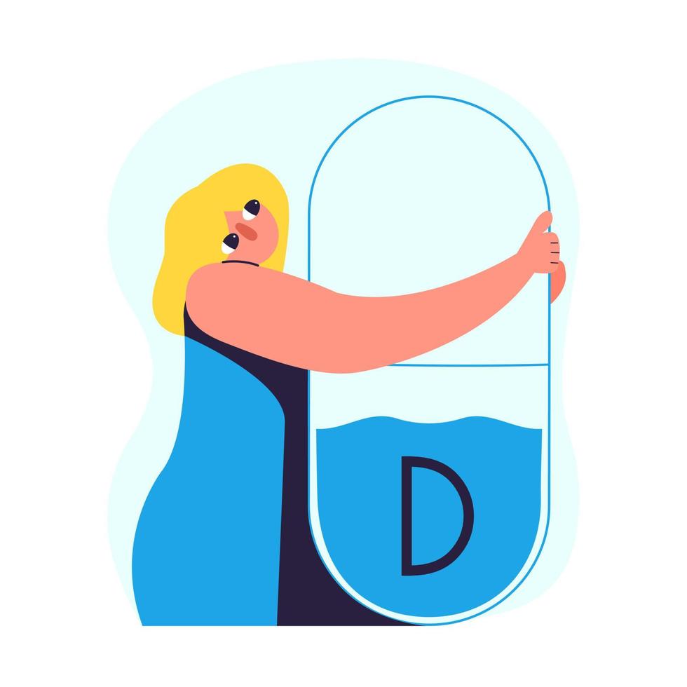 Vitamin D deficiency concept. Girl hugs a vitamin. Vector illustration