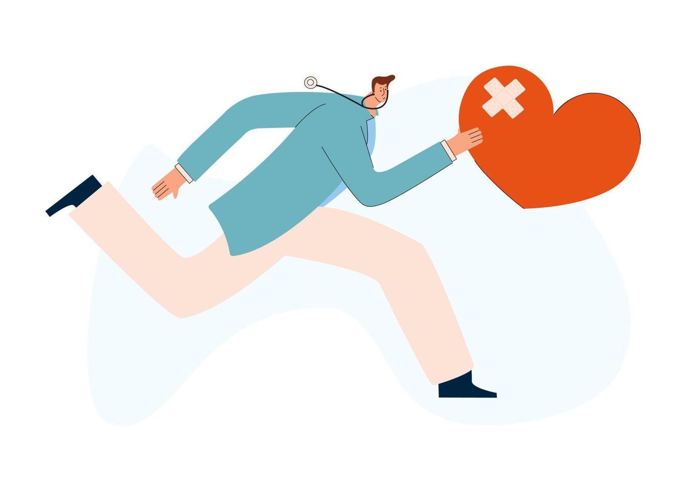 A young cardiologist runs with a sick heart in his hand. Providing an ambulance at Infarction. Trainee doctor. Emergency medical care concept. Vector illustration in flat style