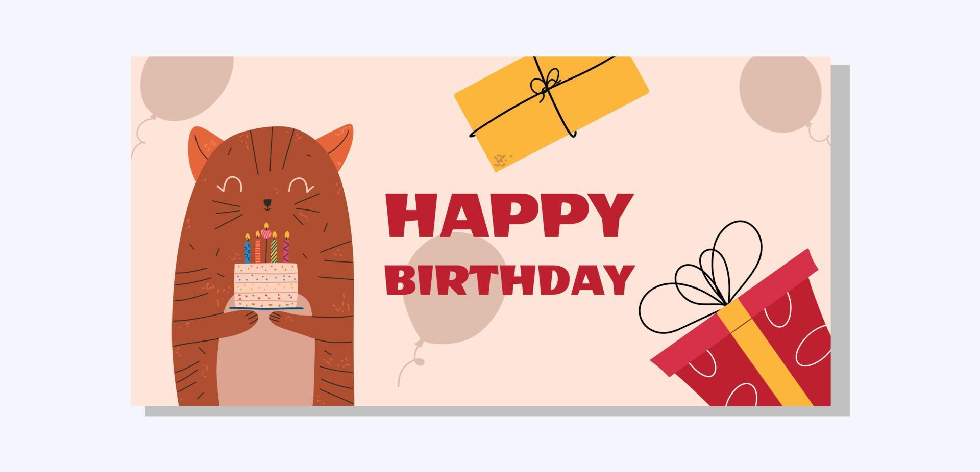Birthday flat design template with cat, cake and gifts. Vector illustration.