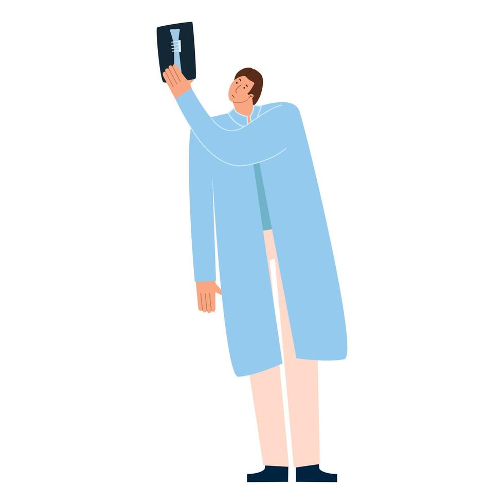 The surgeon examines the x-ray of the femur and metal plate. Vector illustration in flat style