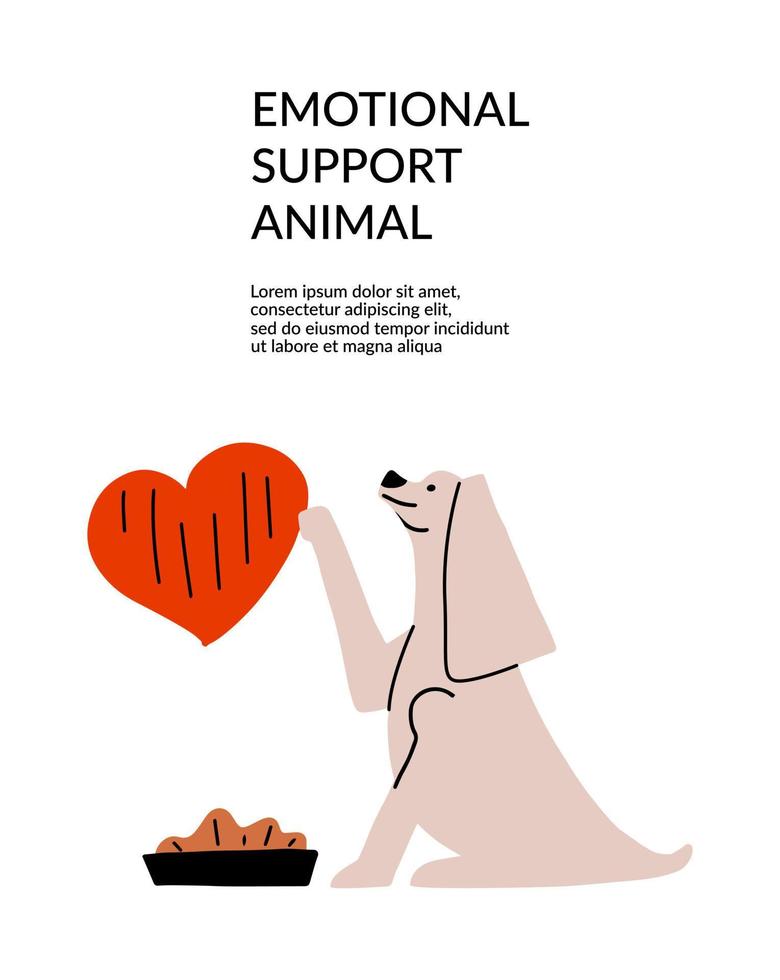 The concept of emotional support by animals. Cute dog with a heart and a bowl of food. Flyer, postcard design. Vector illustration in hand drawing style.