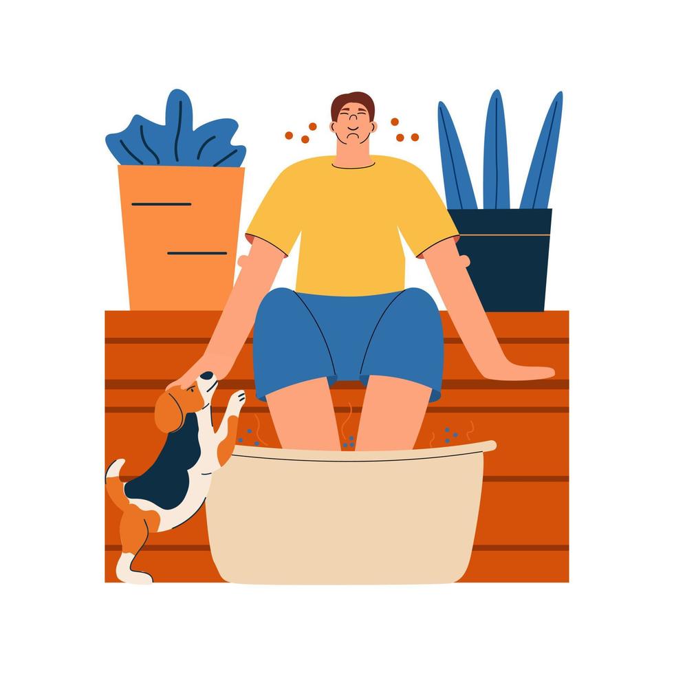 un joven se calienta los pies en un baño de pies. concepto de cómo mantenerse caliente en invierno. ilustración vectorial en estilo plano vector