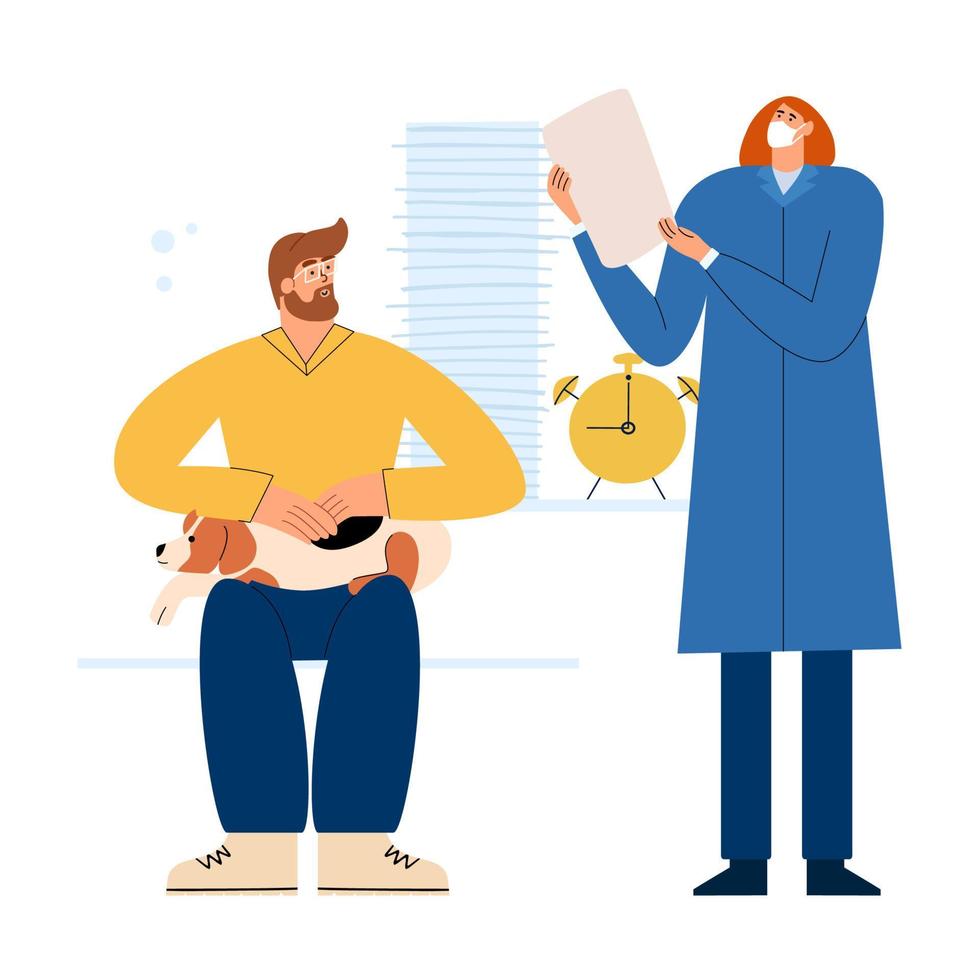 A man with his dog at the vet's appointment. Psychological assistance to animals. Vector illustration in flat style