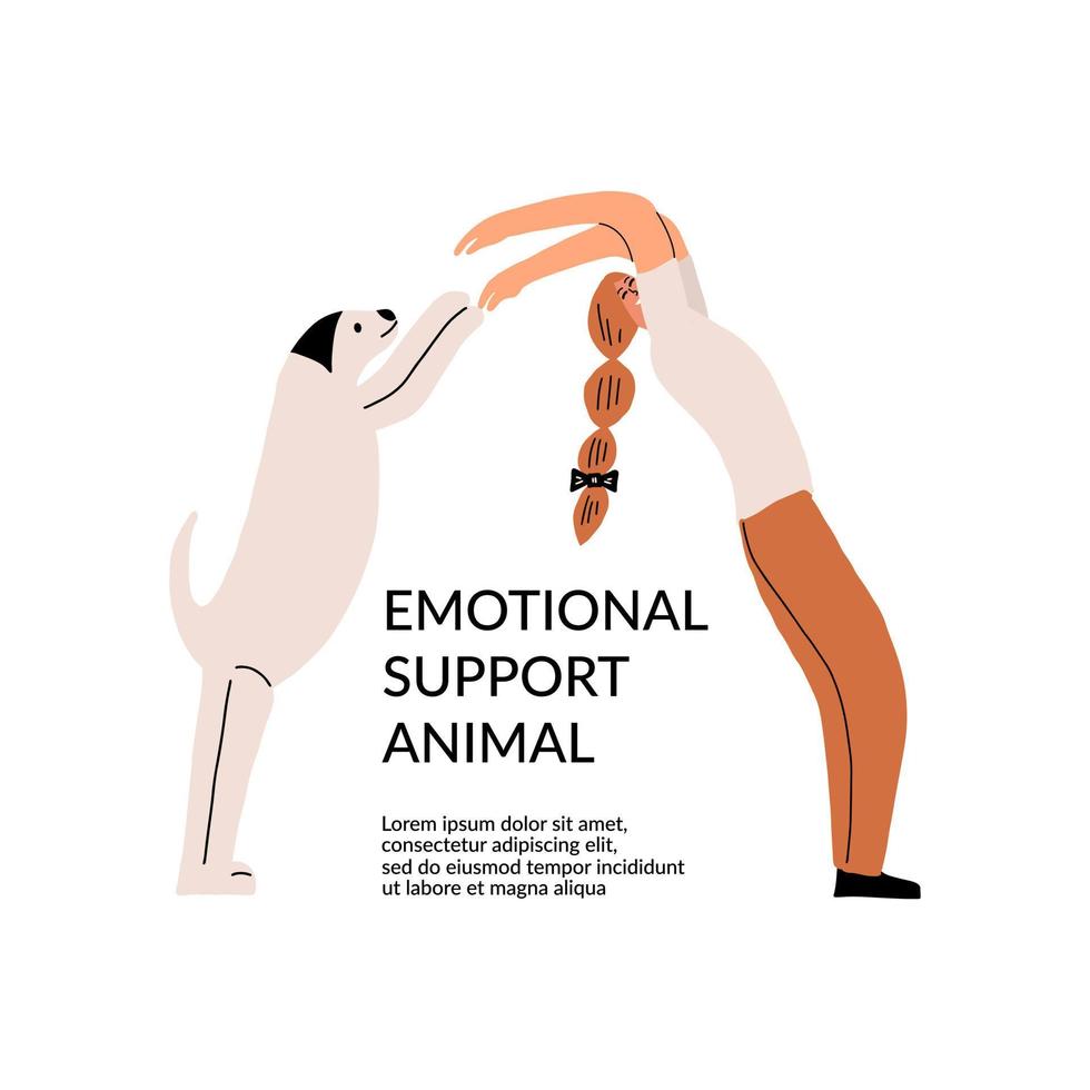 The concept of emotional support by animals. Girl and Labrador. Vector illustration in a flat style.