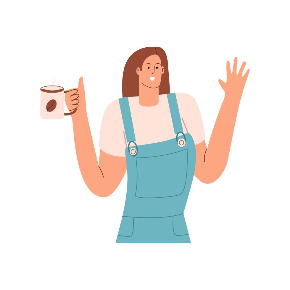 la chica con una taza de café caliente muestra un gesto de saludo. ilustración vectorial en estilo plano vector