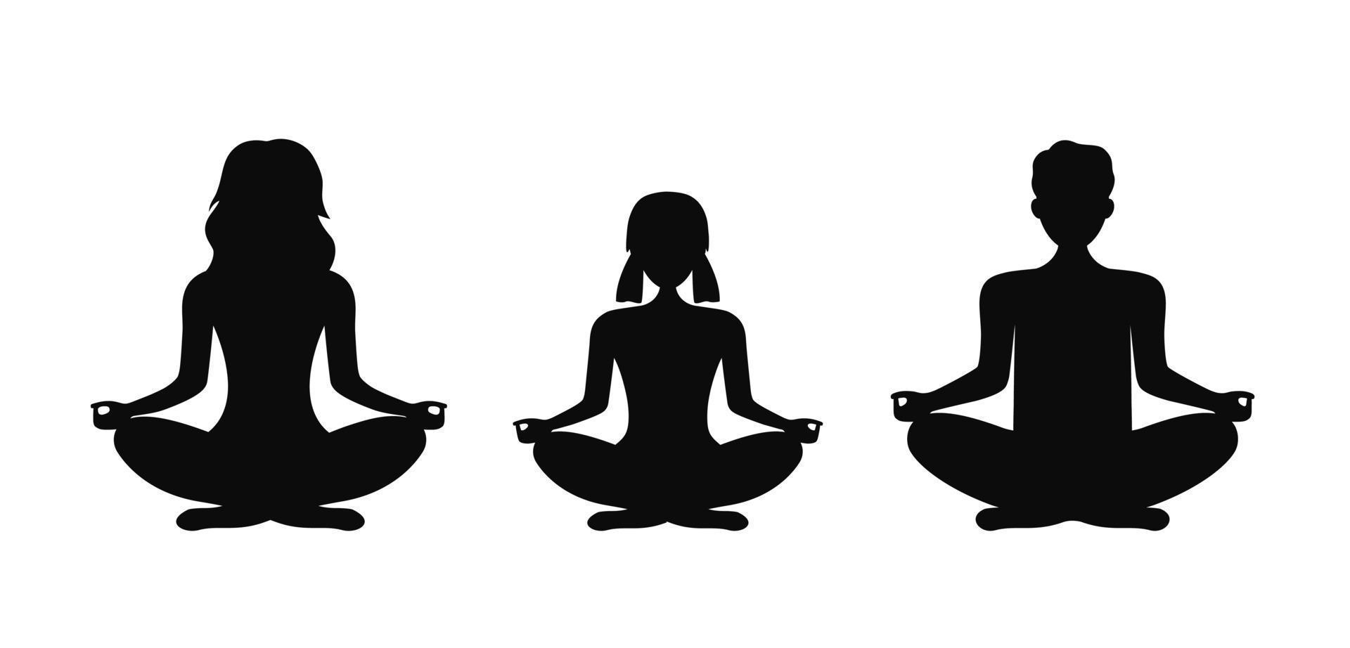 silueta negra de madre, hija y padre en una pose para la meditación. Meditación y yoga en posición de loto. ilustración vectorial aislado sobre fondo blanco vector