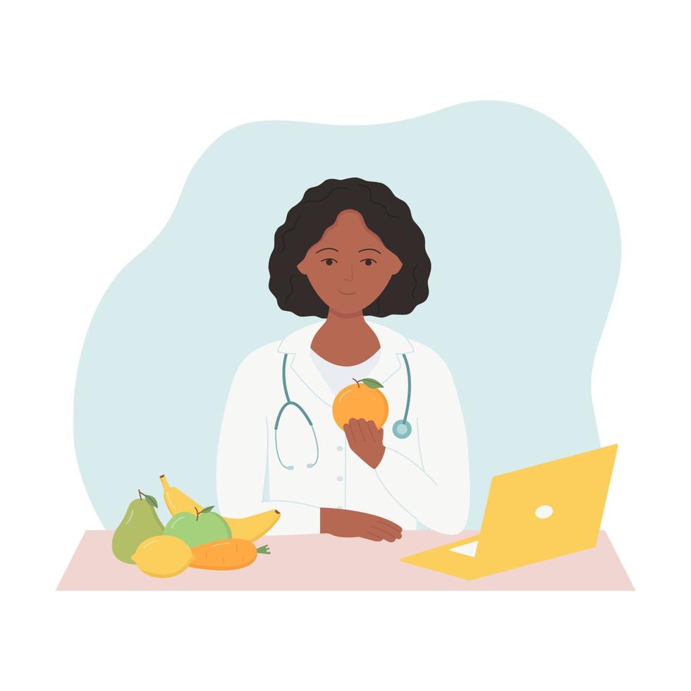 concepto médico nutricionista con frutas frescas. dietista mujer afroamericana recomienda una dieta saludable. ilustración vectorial en estilo plano vector