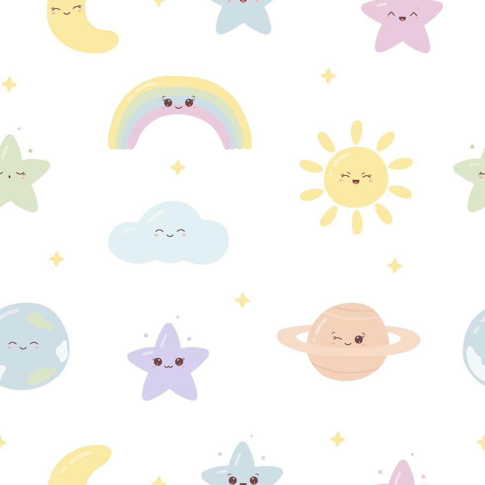 patrón transparente kawaii con divertidos planetas, estrellas, arco iris, sol, luna y nube. lindo estampado para estuche de teléfono, fondos, moda, papel de envolver y textil. ilustración vectorial vector