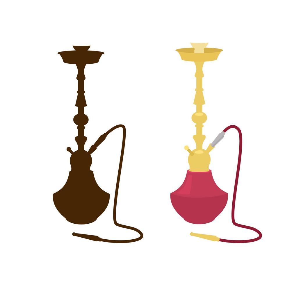 Hookah black silhouette and in color. Golden shisha with red glass. Cartoon vector. Isolated on white. vector