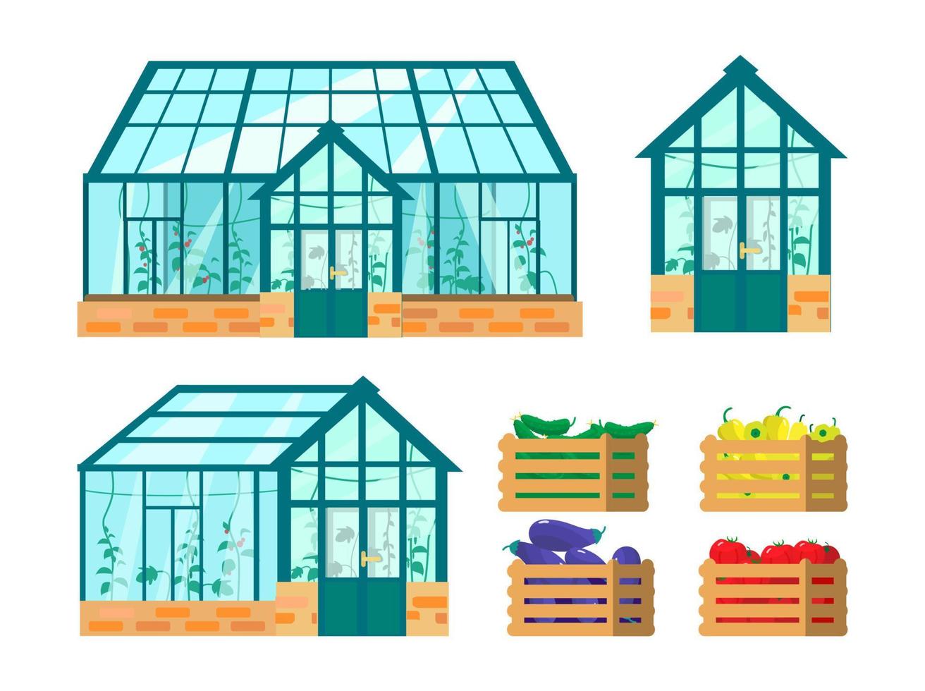 Vector set of greenhouses and wooden boxes with vegetables grown in there. Peppers, tomatoes, cucumbers, eggplants.