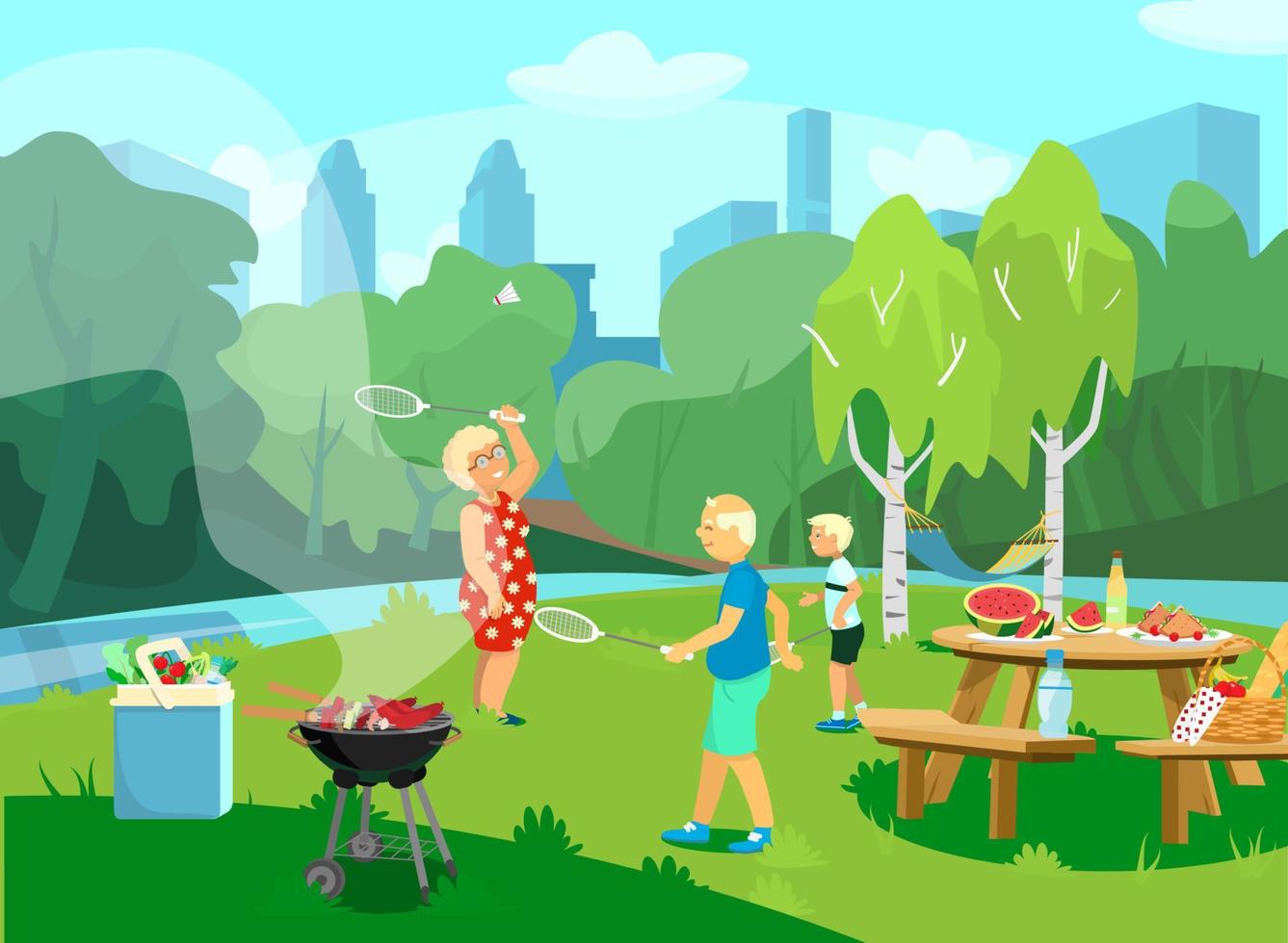 ilustración vectorial del parque csene con abuelos y nietos haciendo picnic y barbacoa en el parque, jugando al bádminton. parrilla con salchichas y brochetas. mesa de picnic servida.estilo de dibujos animados. vector