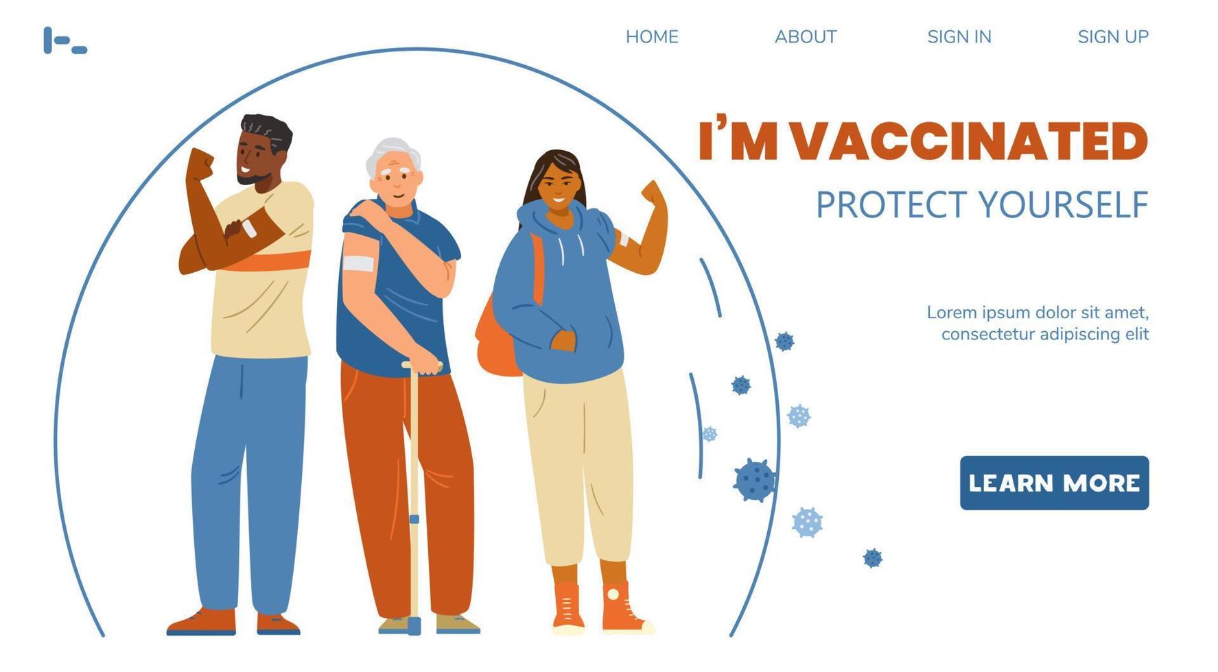 Vaccination  vector landing page template. Multiracial people showing hands with patches after vaccine shot.