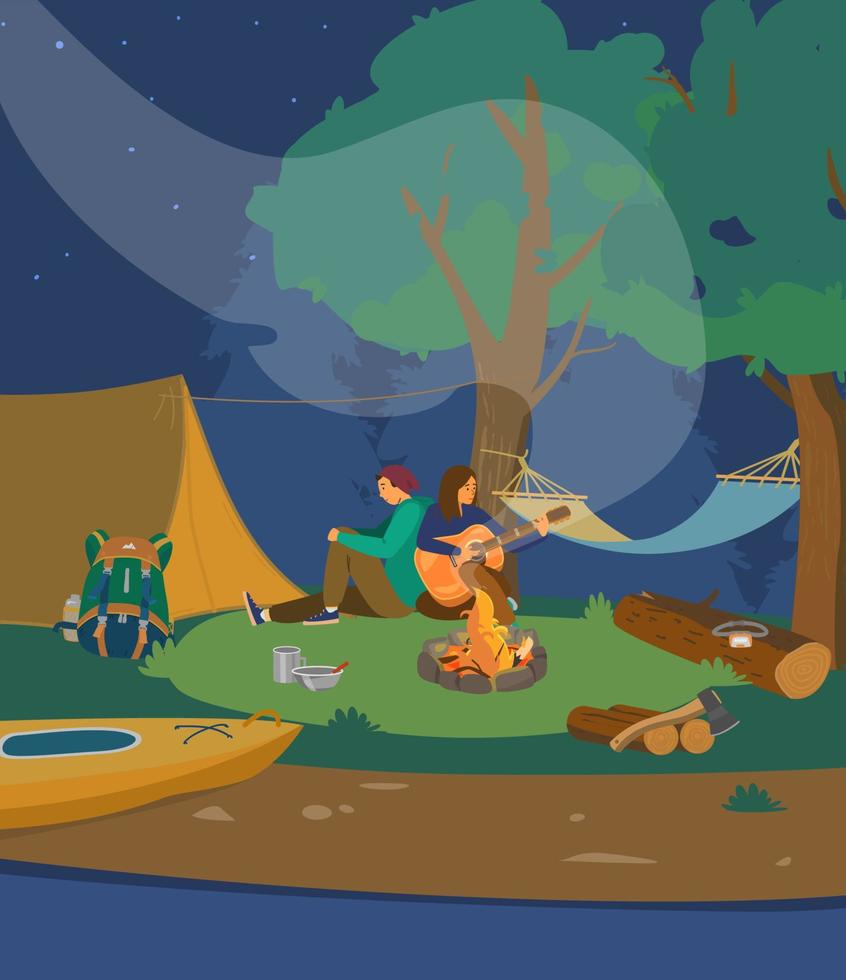 Young couple sitting with guitar near night campfire. Night camp site near river. Camping scene. Cartoon vector illustration.