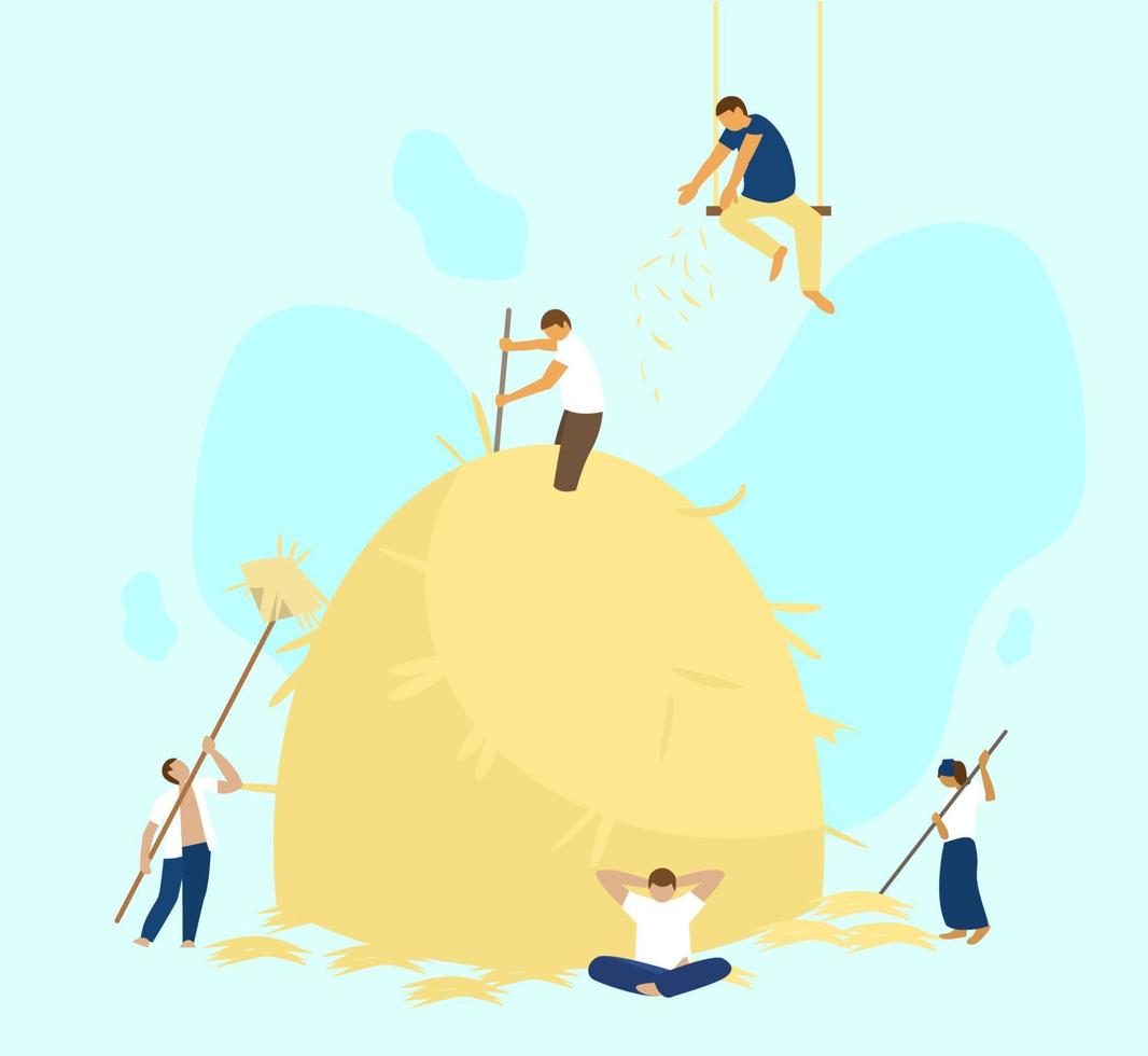 Vector illustration of team work process. People collecting hay to one big haystack. Team building activity. Roles separation concept.