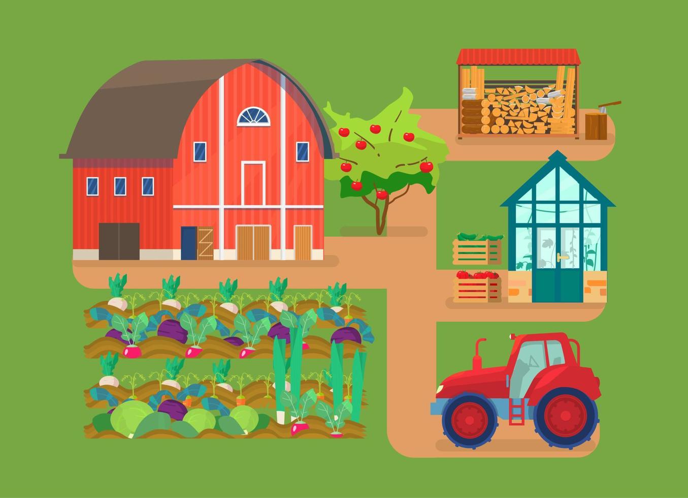 ilustración vectorial de la escena de la granja. granero rojo, lechos de verduras, tractor, casa de cristal con plantas, pila de leña, leña, manzano, cajas con verduras. vector